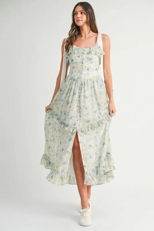 MABLE Floral Printed Shoulder Strap Midi Dress-The floral printed shoulder strap midi dress is a charming and versatile piece that showcases a beautiful floral pattern with delicate shoulder straps.-Reef Love Boho-Chic Boutique