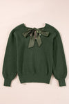 Bow Back Lantern Sleeve V-Neck Sweater-Reef Love