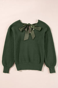 Bow Back Lantern Sleeve V-Neck Sweater-Reef Love