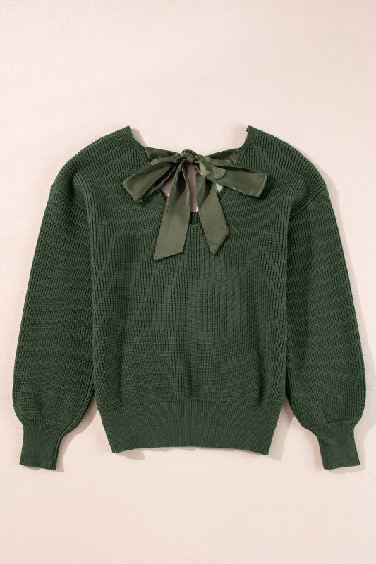 Bow Back Lantern Sleeve V-Neck Sweater-Reef Love