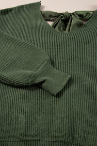 Bow Back Lantern Sleeve V-Neck Sweater-Reef Love