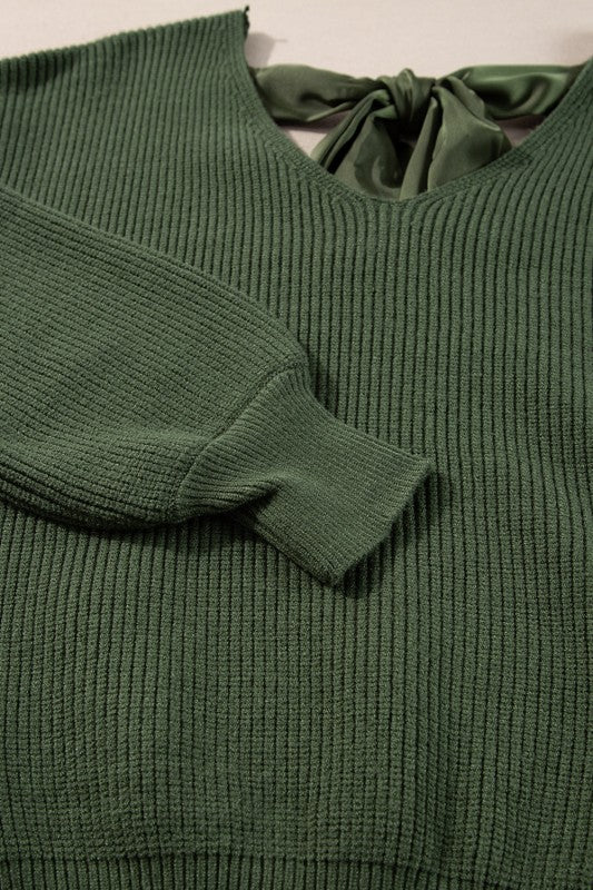Bow Back Lantern Sleeve V-Neck Sweater-Reef Love