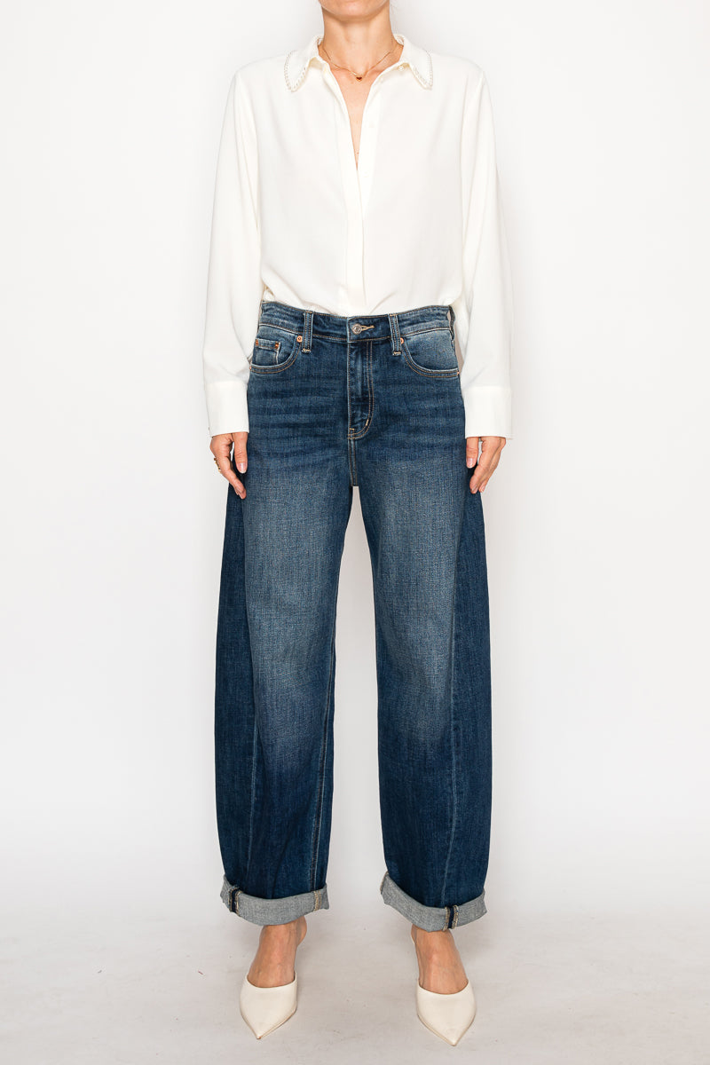 CLEO High Rise Relaxed Tapered Dark Wash Barrel Jeans-DENIM (NEW)-Reef Love