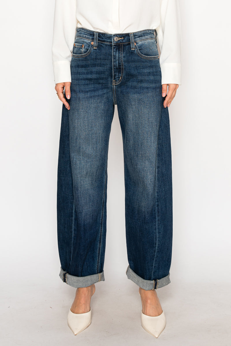 CLEO High Rise Relaxed Tapered Dark Wash Barrel Jeans-DENIM (NEW)-Reef Love