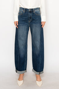 CLEO High Rise Relaxed Tapered Dark Wash Barrel Jeans-DENIM (NEW)-Reef Love