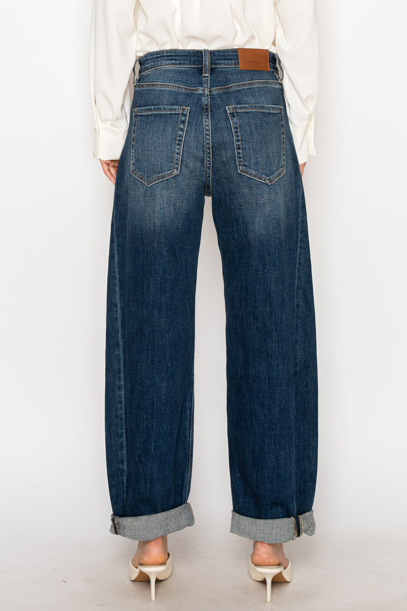 CLEO High Rise Relaxed Tapered Dark Wash Barrel Jeans-DENIM (NEW)-Reef Love