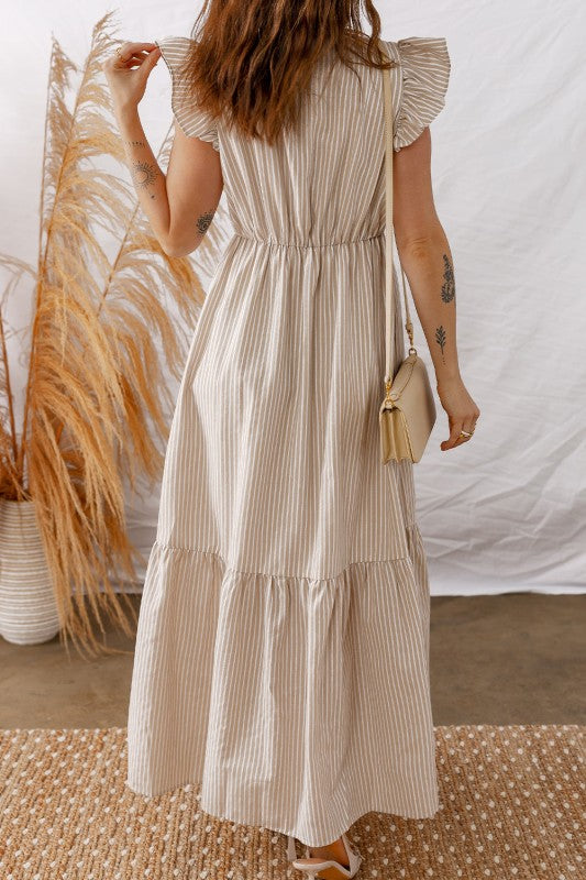 Stripe Flutter Sleeve Buttoned V-Neck Maxi Dress-JUNIPER BLVD-Reef Love