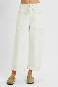 RISEN High Rise Crop Wide Barrel Cargo Jeans, Cream