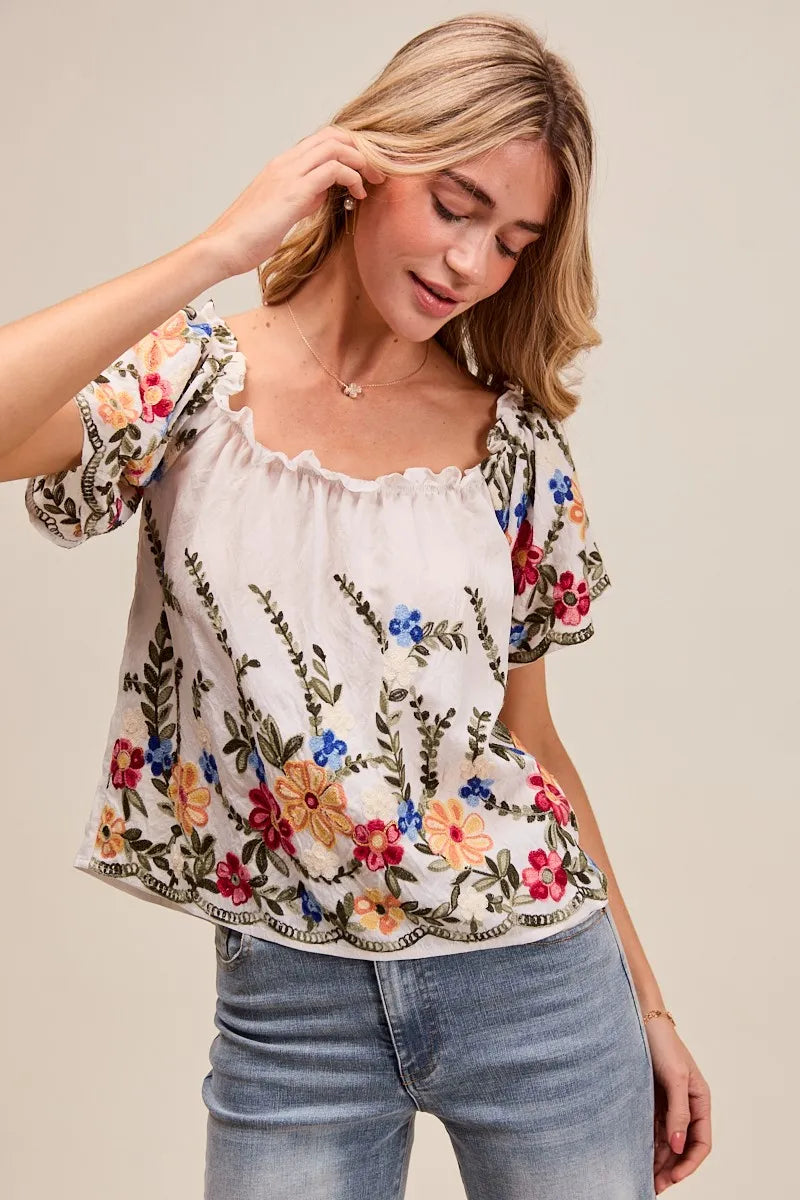 Floral Embroidered On Or Off The Shoulder Blouse-Floral embroidered blouse with on or off the shoulder styling. Feminine ruffles, colorful detailing, and soft rayon blend. A versatile wardrobe must-have.-Reef Love Boutique