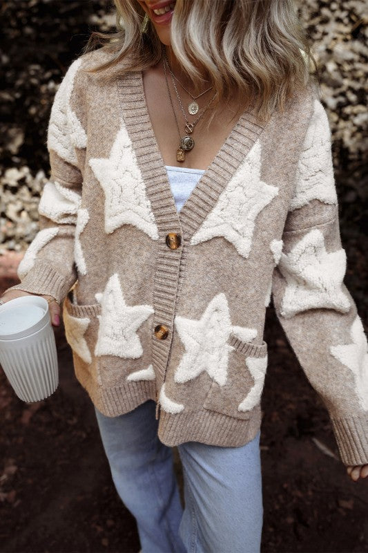 Star Sherpa Textured Sweater Cardigan-JUNIPER BLVD-Reef Love