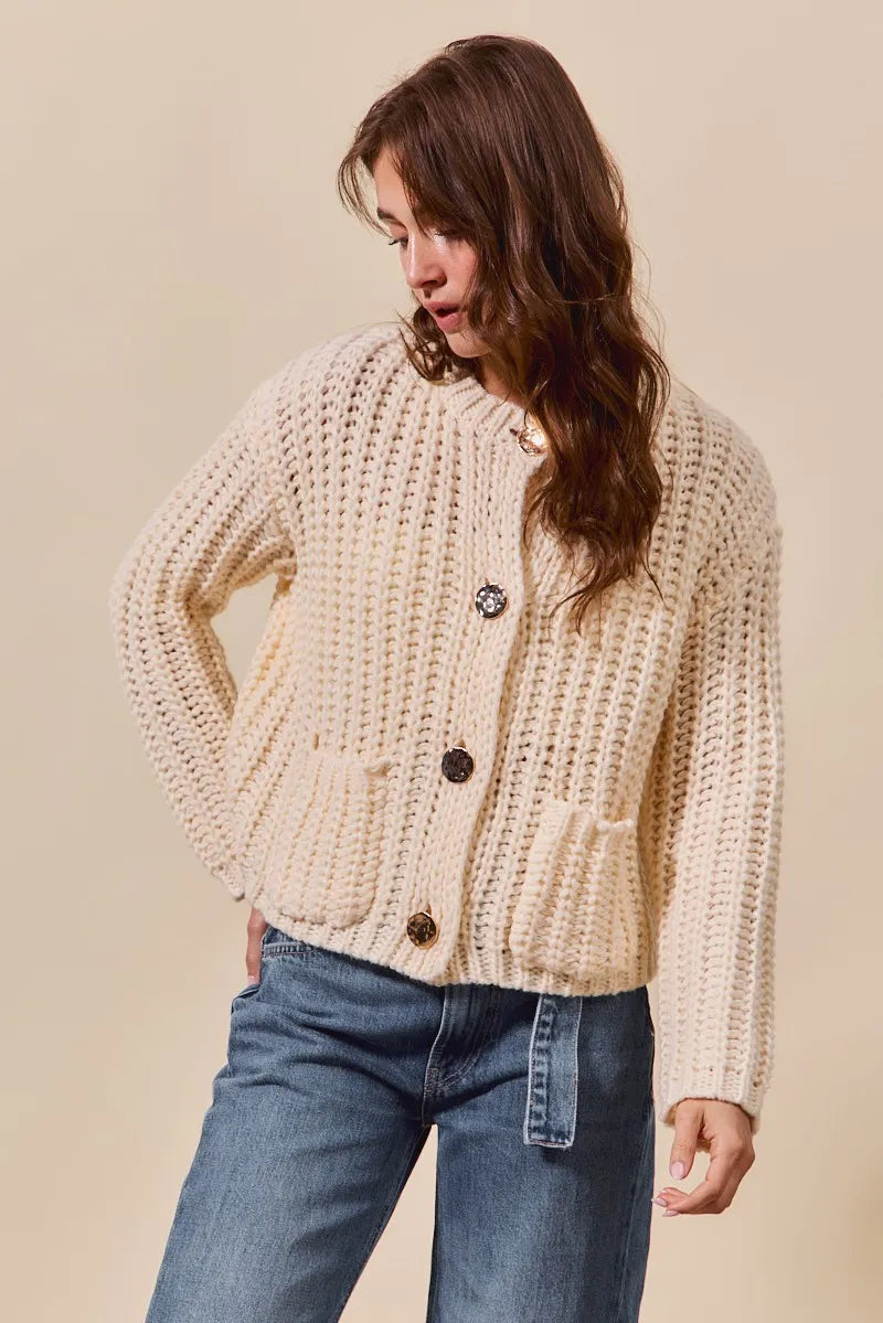 SO ME Metal Button Long Sleeve Chunky Sweater Cardigan-Reef Love Boutique