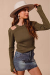 Olive Green Cut-Out Shoulder Ribbed Pullover