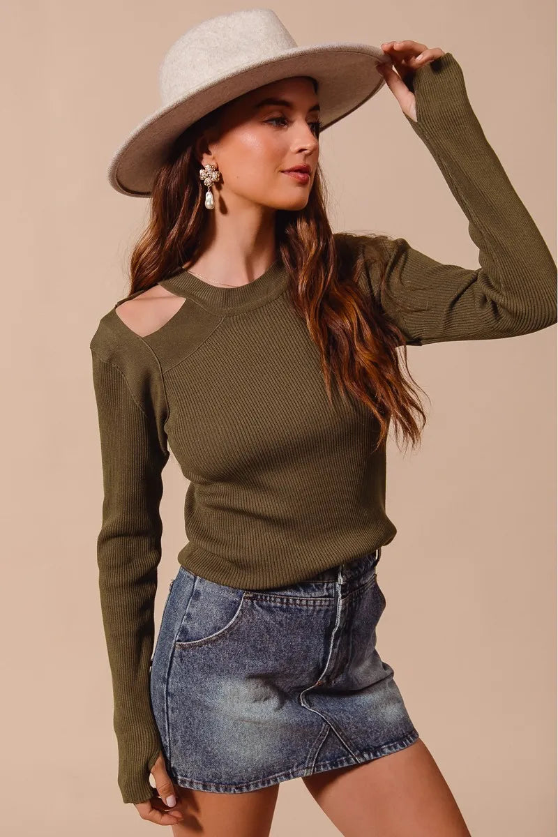 Olive Green Cut-Out Shoulder Ribbed Pullover