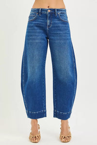 RISEN Mid Rise Crop Barrel Jeans, Dark Wash-RISEN-Reef Love