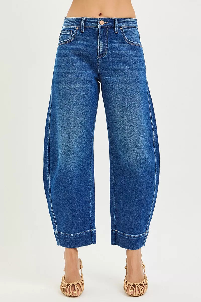 RISEN Mid Rise Crop Barrel Jeans, Dark Wash-RISEN-Reef Love