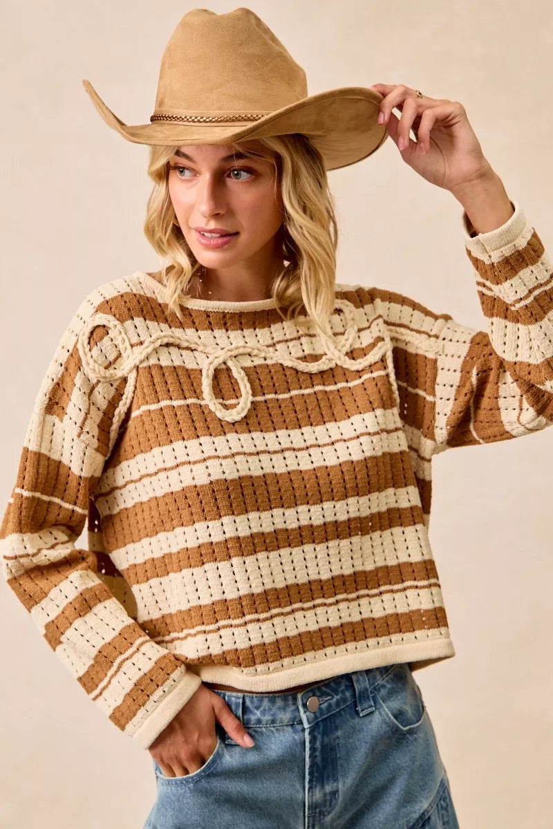 BiBi Striped Open Knit Sweater Top with Front Braided Detail-Trendsi-Reef Love