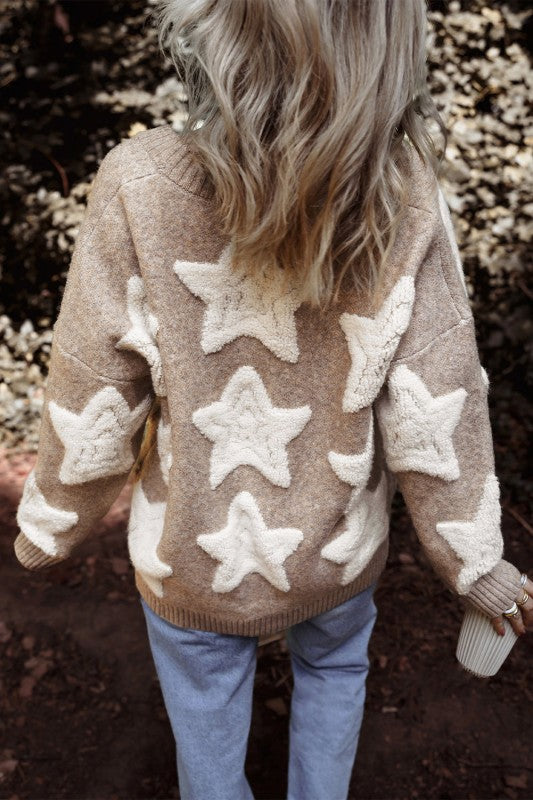 Star Sherpa Textured Sweater Cardigan-JUNIPER BLVD-Reef Love