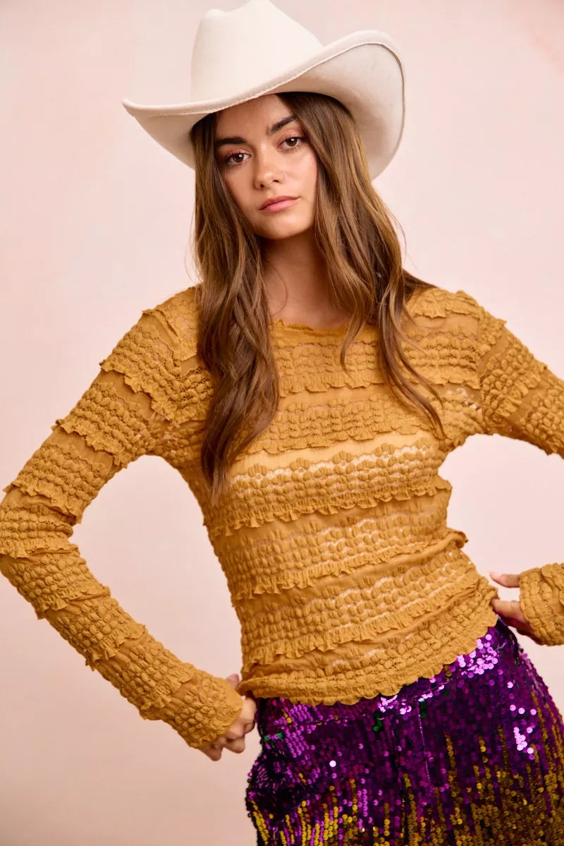 Ruffle Detail Mardi Gras Flower Lace Top, Mustard Gold-BiBi-Reef Love