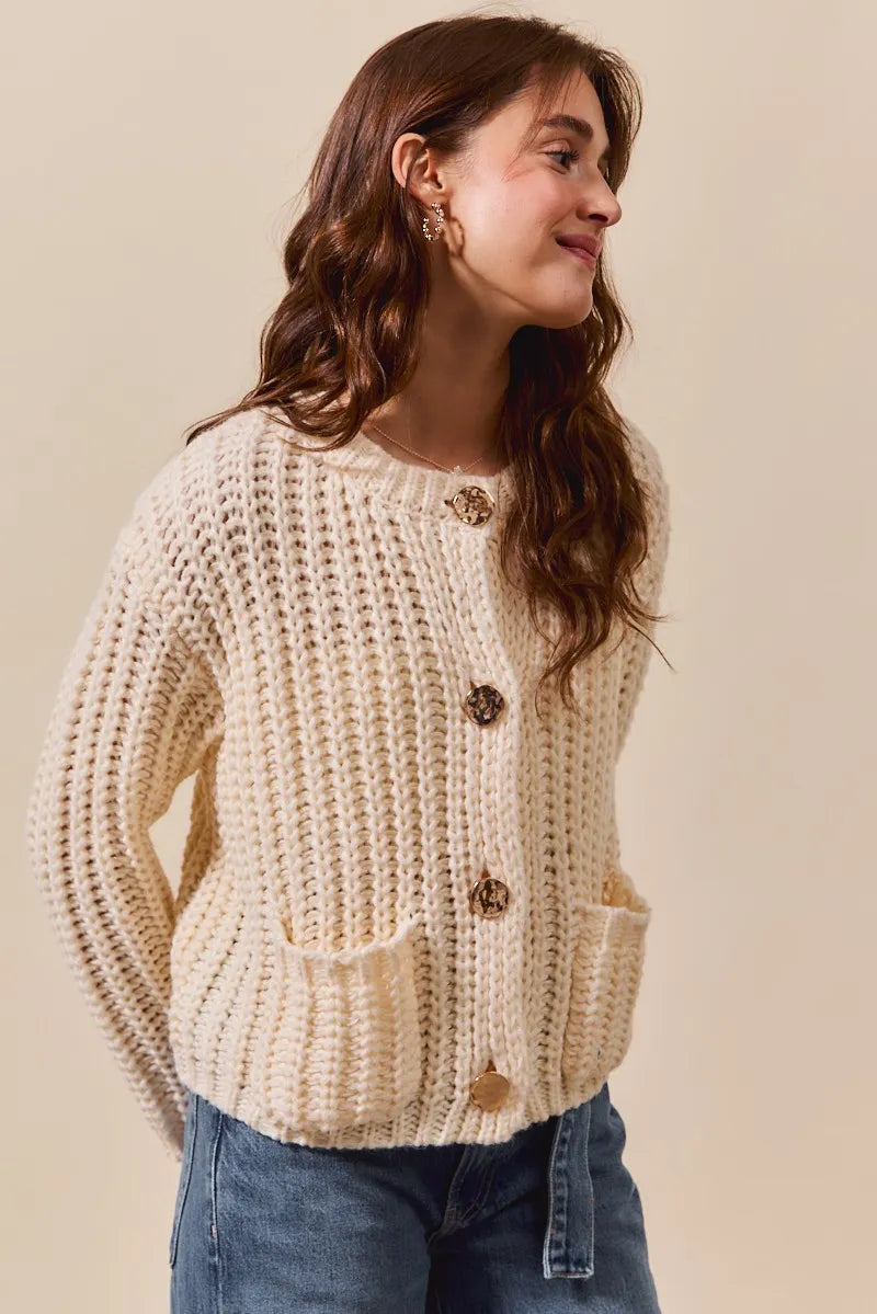 SO ME Metal Button Long Sleeve Chunky Sweater Cardigan-Reef Love Boutique
