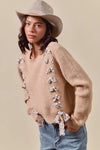 Checkered Plaid Tape Lace Up Sweater, Beige