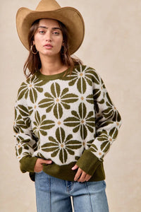 BiBi Flower Pattern Long Sleeve Sweater-Reef Love Boutique