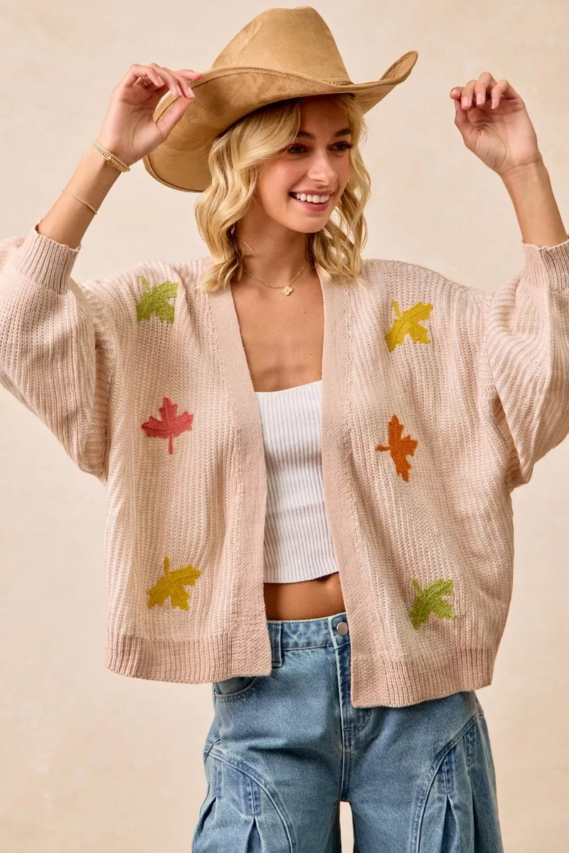 Two Tone Knit Cardigan with Leaf Patches-BiBi-Reef Love