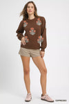 Floral Knit Sweater with Puff Sleeves, Espresso