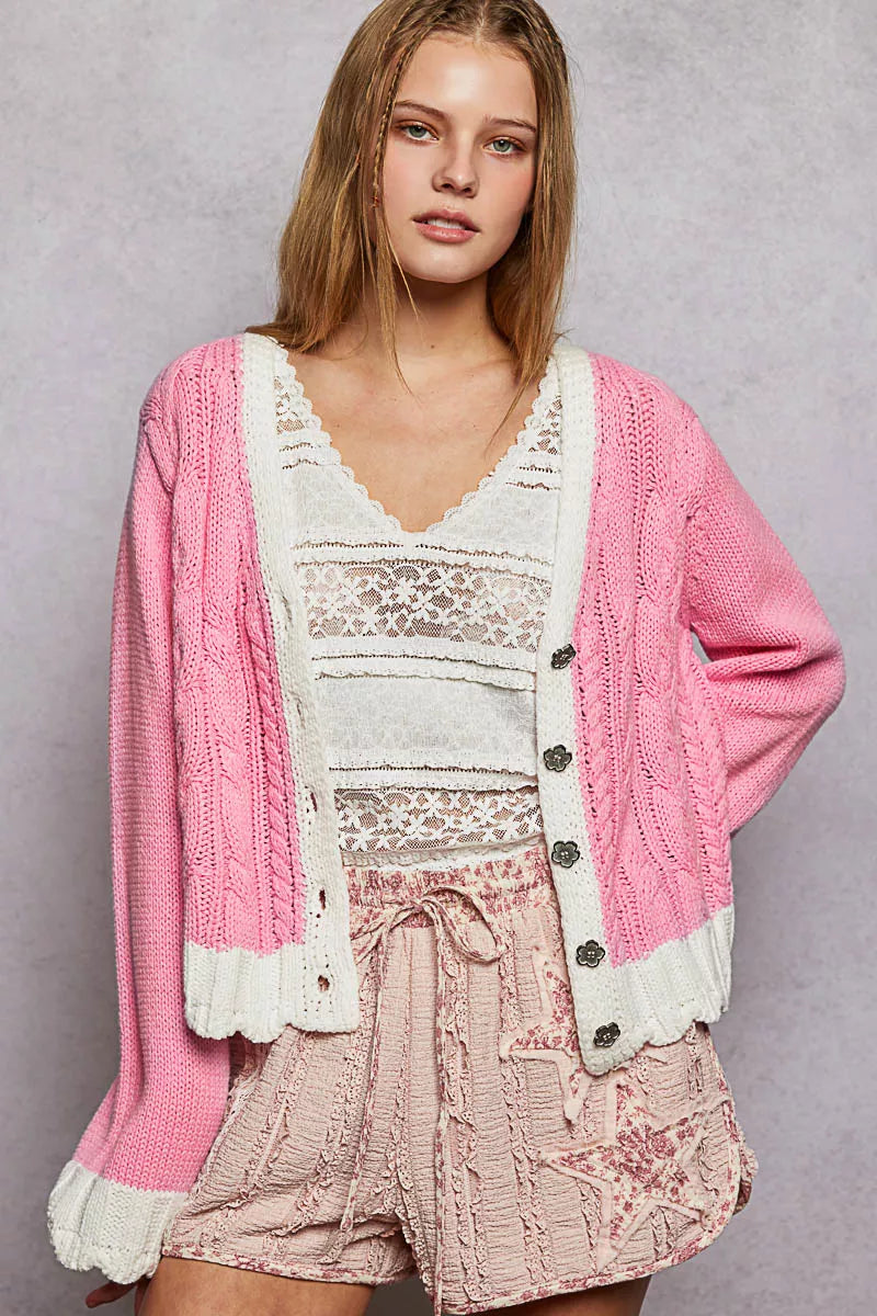 Pink Button Down Cable-Knit Cardigan-POL-Reef Love