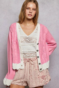Pink Button Down Cable-Knit Cardigan-POL-Reef Love