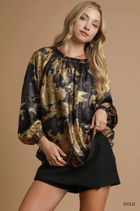 Gold Metallic Blouse with Balloon Sleeves-Gold metallic blouse with balloon sleeves on black base. Oversized, eye-catching fit with a glamorous finish—perfect for parties, date nights, or holidays.-Reef Love Boutique