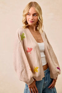 Two Tone Knit Cardigan with Leaf Patches-BiBi-Reef Love