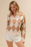 Shop Diamond Pattern Collared Notch Neck Sweater-Chic and cozy, the Diamond Pattern Collared Notch Neck Sweater, classic argyle design, soft knit fabric, timeless polo collar. Effortless everyday elegance.-Reef Love Boho-Chic Boutique