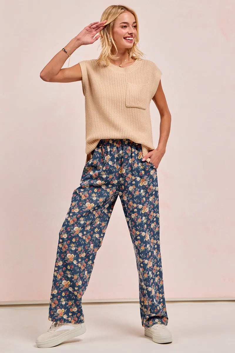 Shop Washed Floral Print Wide Leg Jeans-Boho meets vintage in these Floral Print Wide Leg Jeans featuring a high-waist, relaxed fit, soft floral denim with a touch of stretch. Style meets comfort.-Reef Love Boho-Chic Boutique