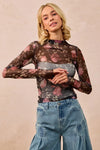 Shop Flower Printed Sheer Mesh Top with Thumb Opening-This stunning sheer mesh blouse features a romantic floral print in soft pink and coral tones against a dark base. Stretchy semi-transparent mesh fabric.-Reef Love Boho-Chic Boutique