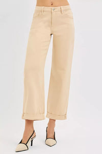 RISEN Tummy Control Ankle Relaxed Wide Leg Jeans, Buttermilk Beige-RISEN-Reef Love