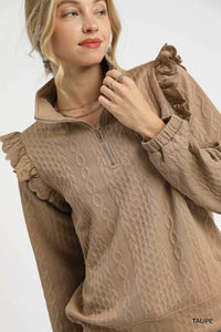 Cable Knit Textured Pullover with Ruffle Shoulders, Taupe-Reef Love
