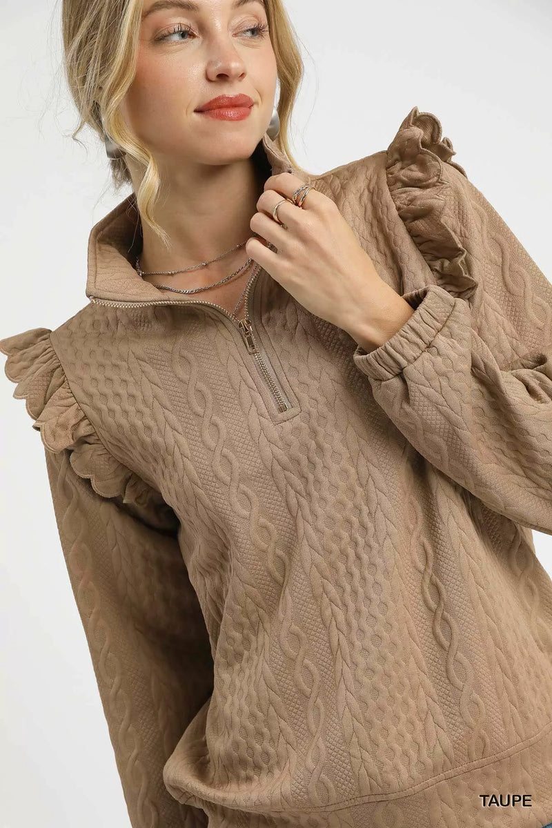 Cable Knit Textured Pullover with Ruffle Shoulders, Taupe-Reef Love
