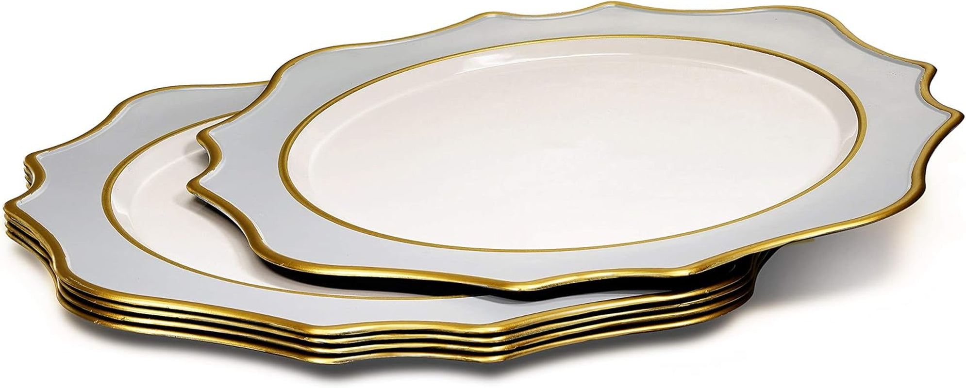" OCCASIONS " 10 Pieces round 13'' round Acrylic Plastic Wedding Chargers, Dinner Party Decoration Charger Plates (Scalloped Dolphin Gray and Gold)