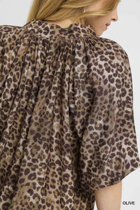 Leopard Bubble Sleeve Scalloped Hem Blouse