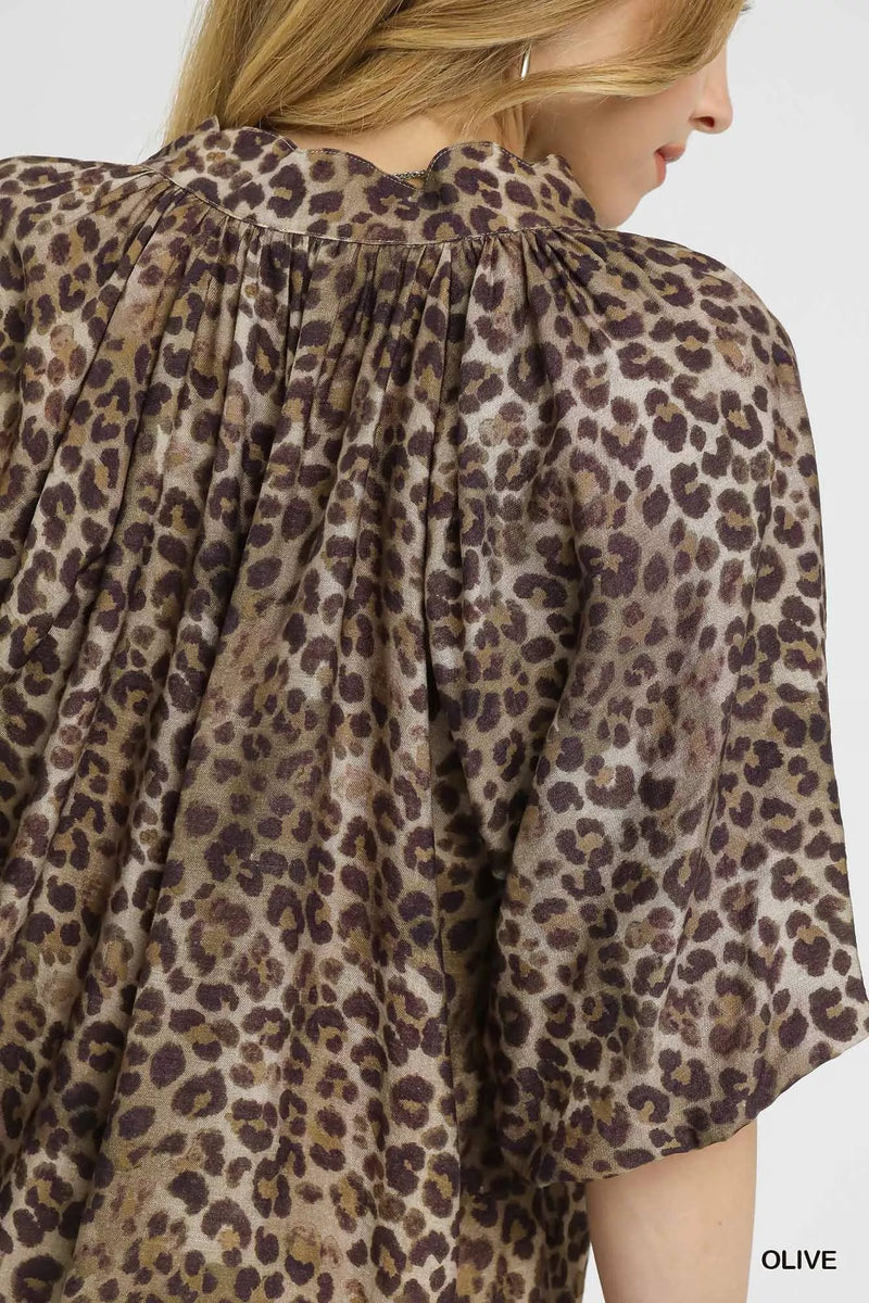 Leopard Bubble Sleeve Scalloped Hem Blouse
