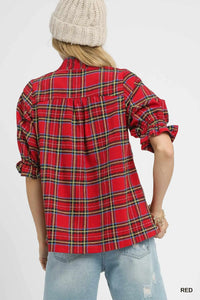 Festive Plaid V-Neck Blouse