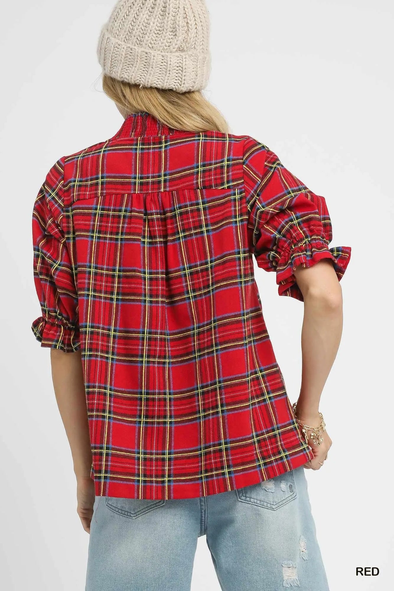 Festive Plaid V-Neck Blouse
