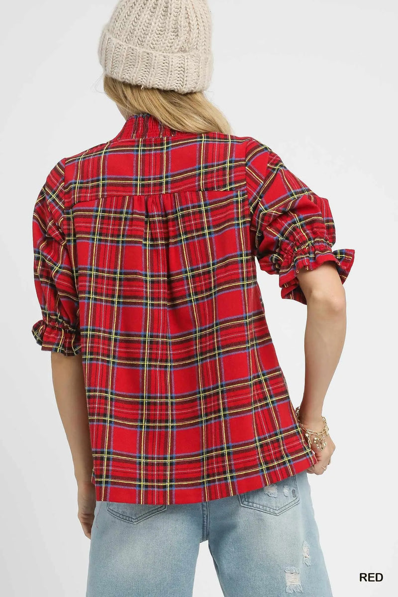 Festive Plaid V-Neck Blouse