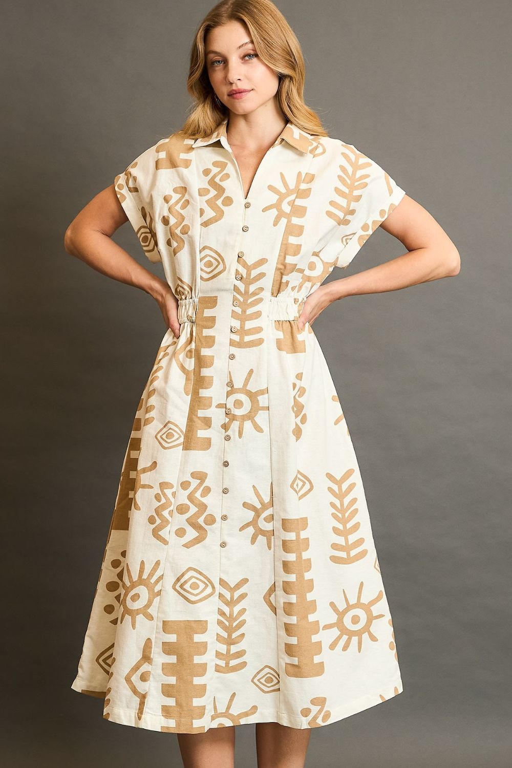Abstract Print Elastic Waist Midi Dress-The abstract print elastic waist midi dress is a versatile and comfortable option for your wardrobe. The abstract print is modern and artistic.-Reef Love Boho-Chic Boutique