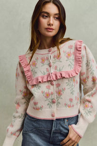 Flower With Ruffle Detailing Sweater Cardigan-So Me-Reef Love