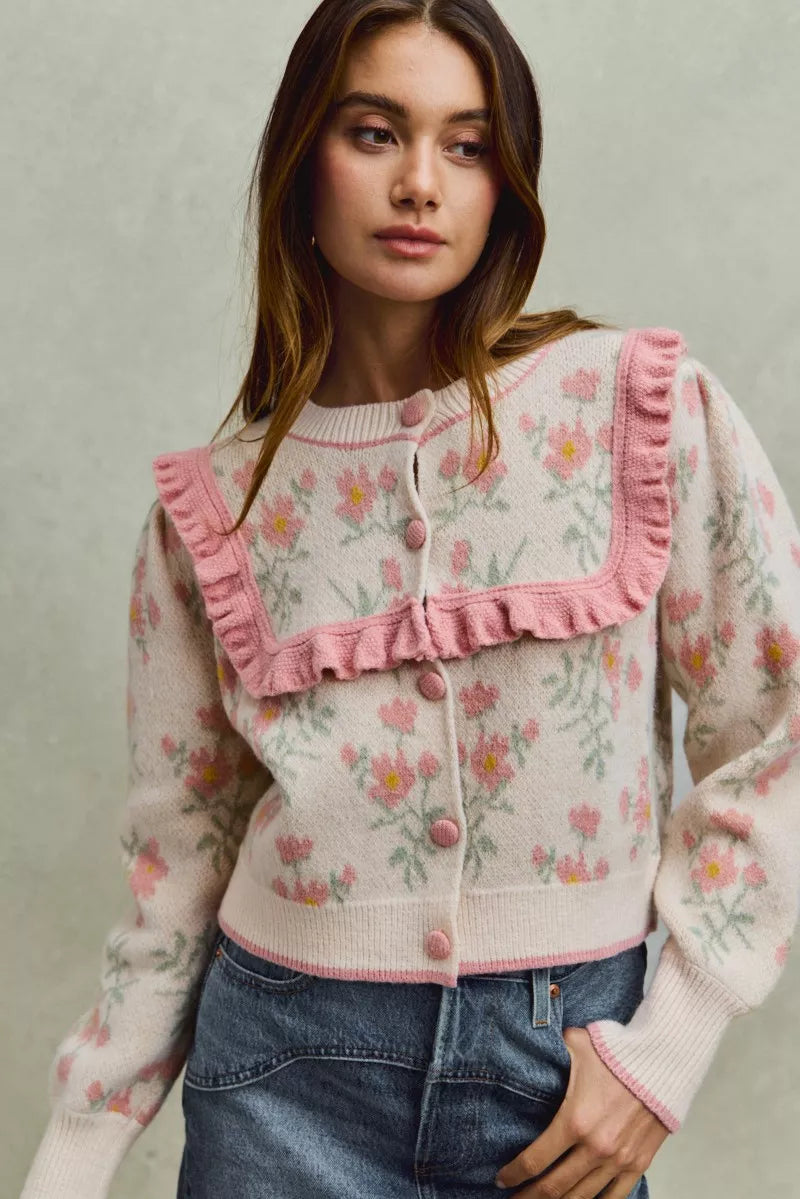 Flower With Ruffle Detailing Sweater Cardigan-So Me-Reef Love
