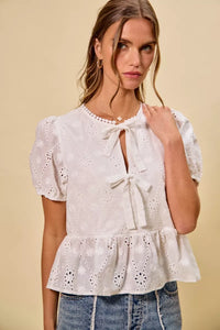 White Cotton Sunlit Eyelet Front-Tie Blouse-Reef Love