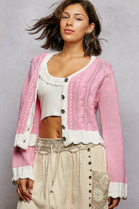 Pink Button Down Cable-Knit Cardigan-POL-Reef Love