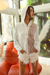 Woman wearing Slub Jersey with Lace Combo Buttoned Hoodie Top-This slub jersey with lace combo buttoned hoodie top blends casual comfort with feminine elegance through its lace detailing and buttoned hoodie design. 