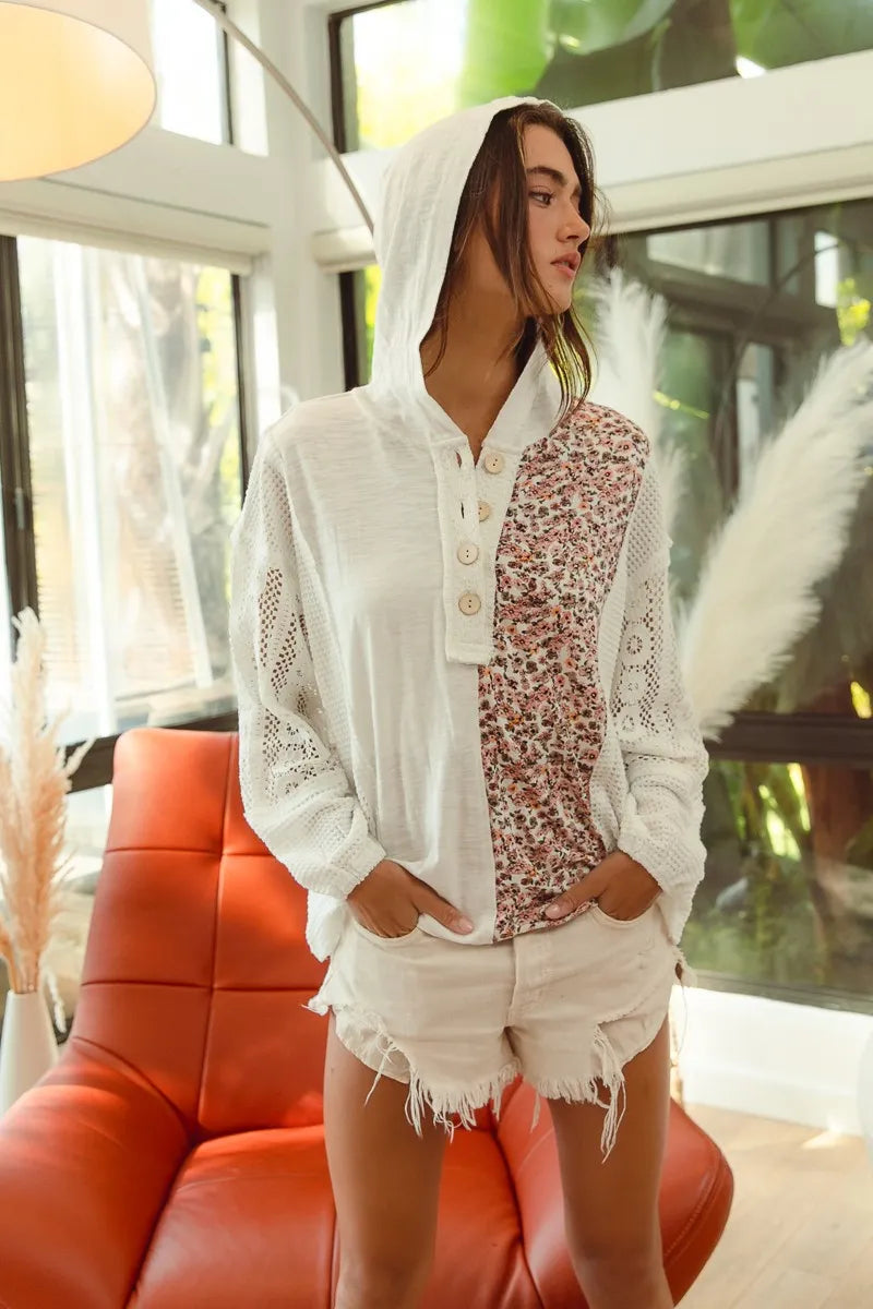 Woman wearing Slub Jersey with Lace Combo Buttoned Hoodie Top-This slub jersey with lace combo buttoned hoodie top blends casual comfort with feminine elegance through its lace detailing and buttoned hoodie design. 
